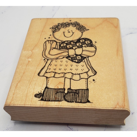 Curly Haired Girl Doll Love Hug A Heart Dots Wood Mounted Rubber Stamp - Picture 1 of 7